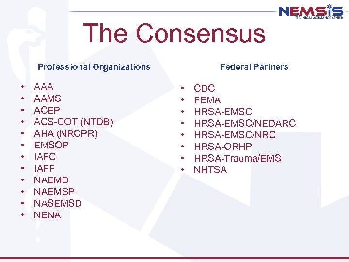The Consensus Professional Organizations • • • AAA AAMS ACEP ACS-COT (NTDB) AHA (NRCPR)