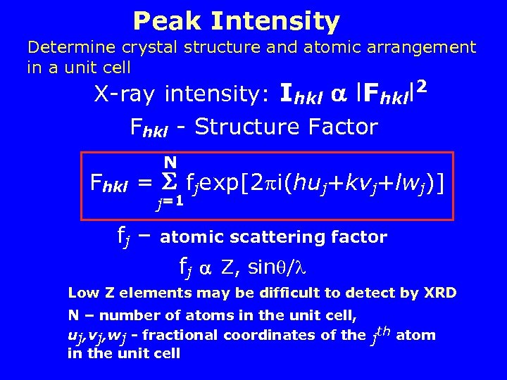 Peak Intensity Determine crystal structure and atomic arrangement in a unit cell X-ray intensity: