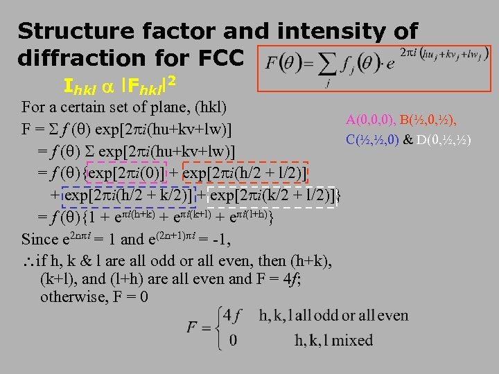 Structure factor and intensity of 2 i diffraction for FCC Ihkl l. Fhkll 2