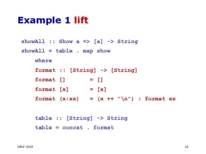 Example 1 lift show. All : : Show a => [a] -> String show.