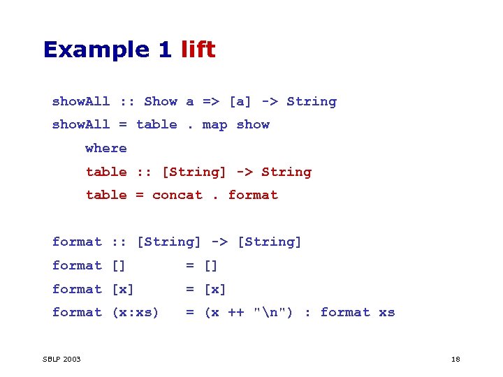 Example 1 lift show. All : : Show a => [a] -> String show.