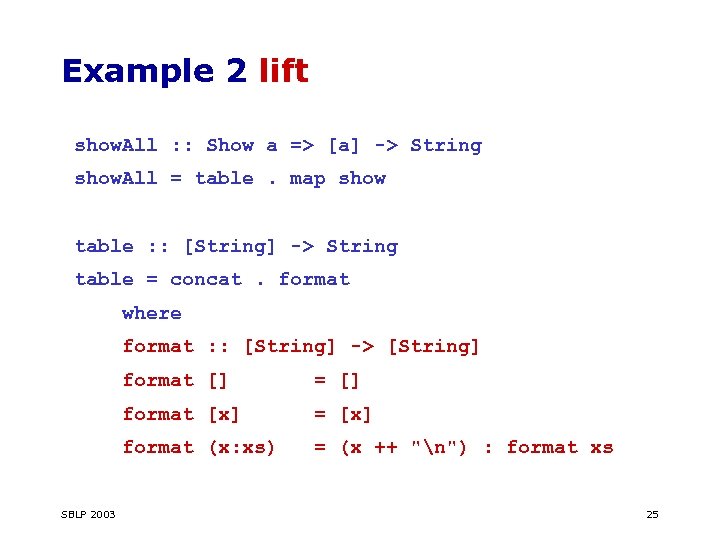 Example 2 lift show. All : : Show a => [a] -> String show.