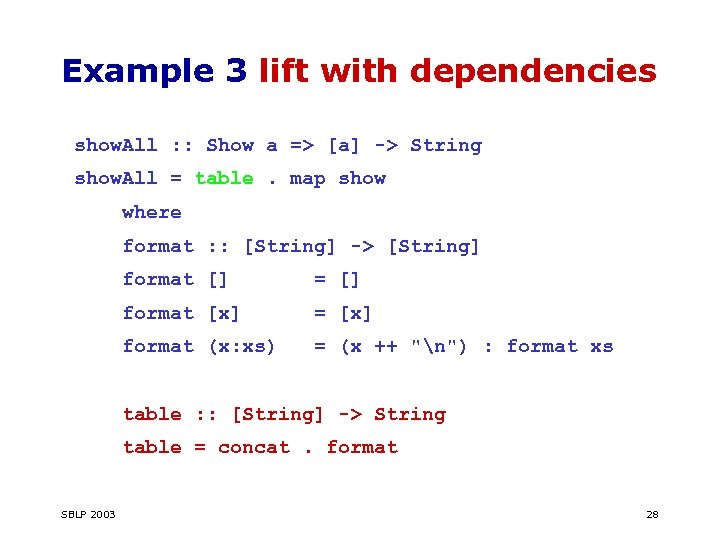 Example 3 lift with dependencies show. All : : Show a => [a] ->