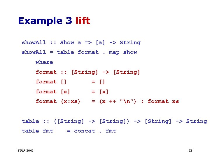 Example 3 lift show. All : : Show a => [a] -> String show.