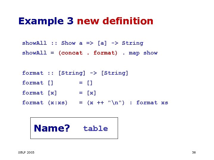 Example 3 new definition show. All : : Show a => [a] -> String