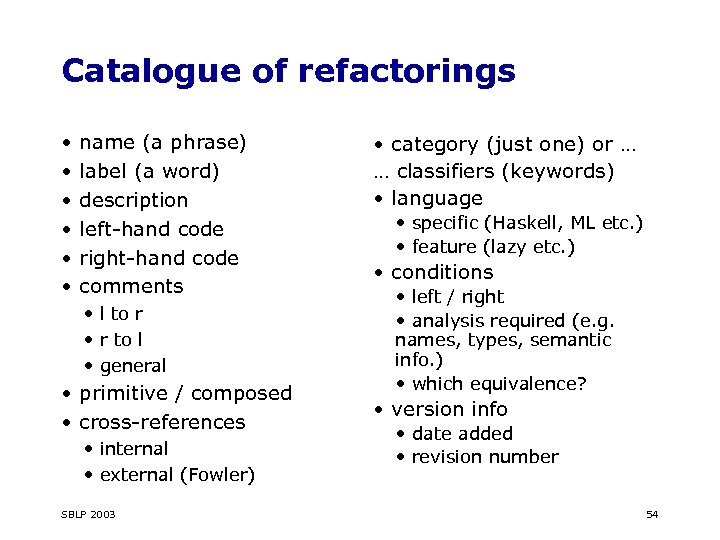 Catalogue of refactorings • • • name (a phrase) label (a word) description left-hand