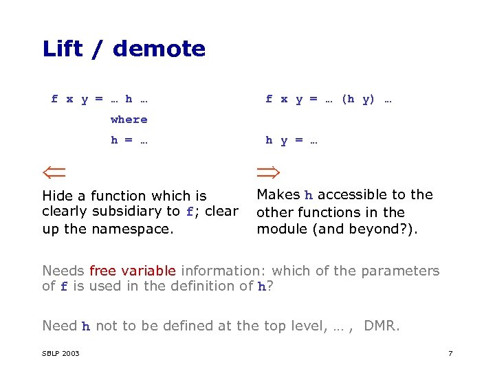 Lift / demote f x y = … h … f x y =