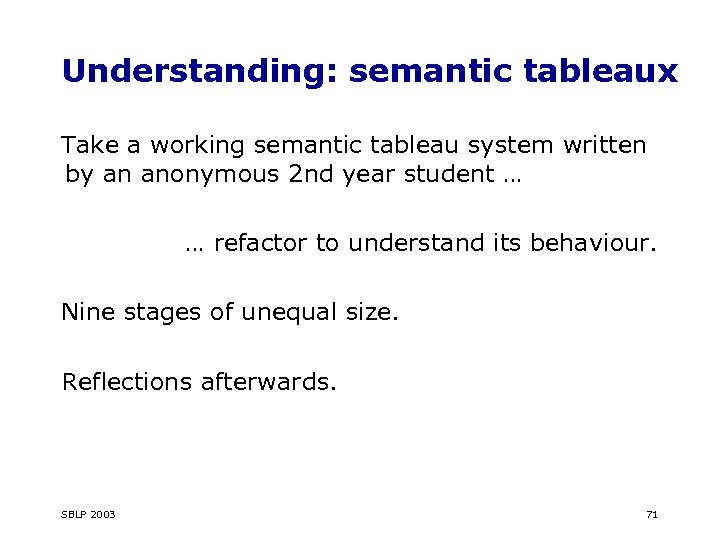 Understanding: semantic tableaux Take a working semantic tableau system written by an anonymous 2