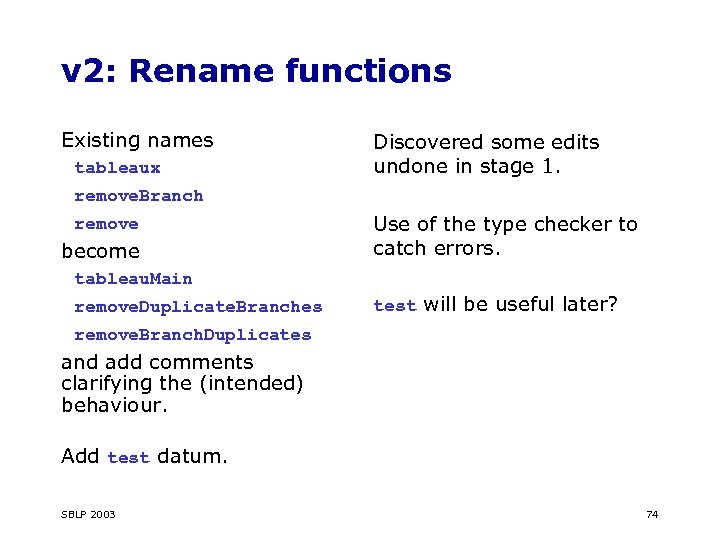 v 2: Rename functions Existing names tableaux Discovered some edits undone in stage 1.