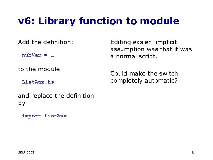 v 6: Library function to module Add the definition: nub. Var = … to