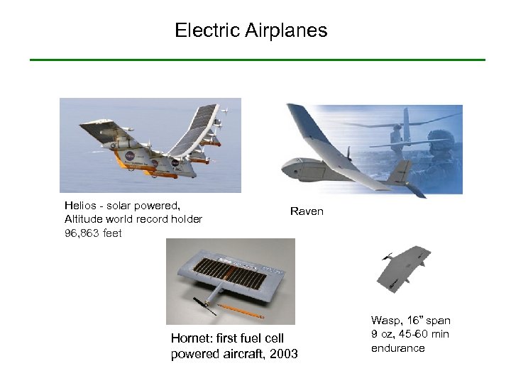Electric Airplanes Helios - solar powered, Altitude world record holder 96, 863 feet Raven