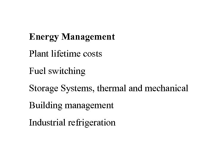 Energy Management Plant lifetime costs Fuel switching Storage Systems, thermal and mechanical Building management