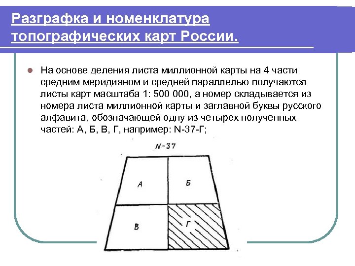 Разграфка и номенклатура топографических карт России. l На основе деления листа миллионной карты на