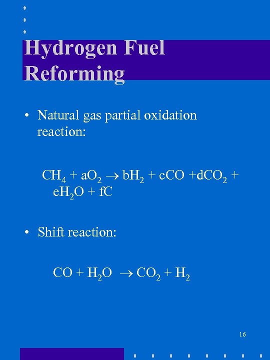 Hydrogen Fuel Reforming • Natural gas partial oxidation reaction: CH 4 + a. O