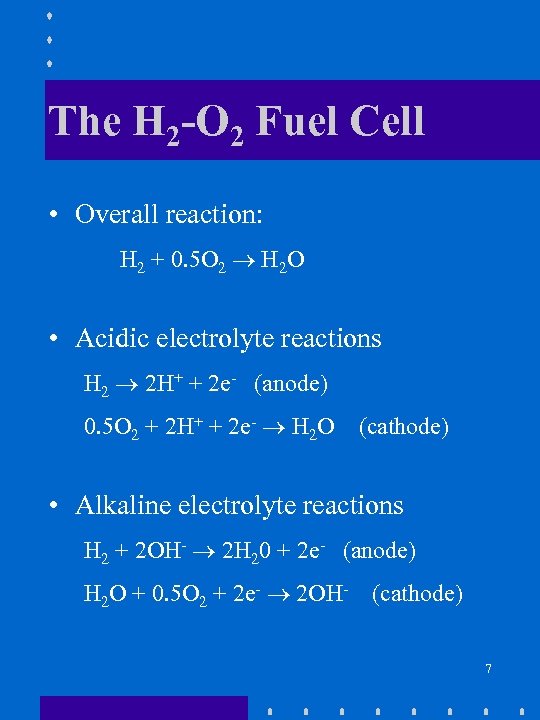 The H 2 -O 2 Fuel Cell • Overall reaction: H 2 + 0.