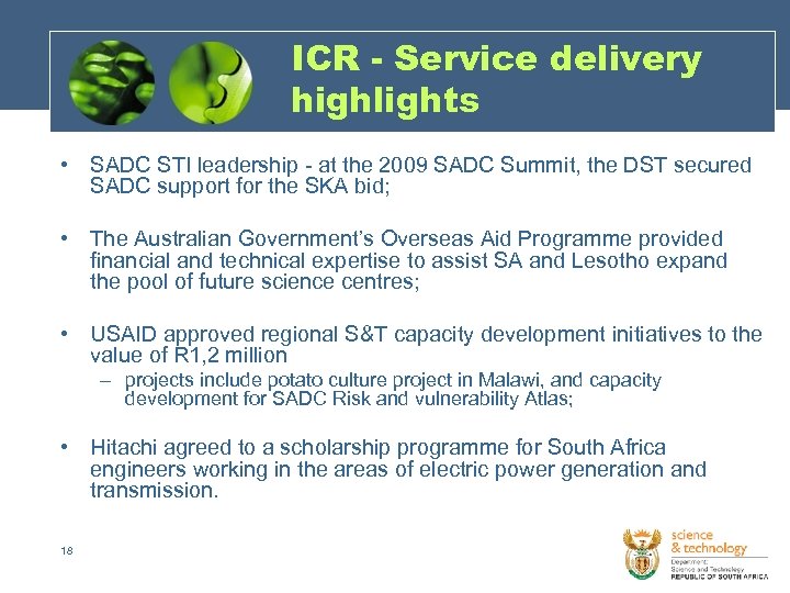 ICR - Service delivery highlights • SADC STI leadership - at the 2009 SADC