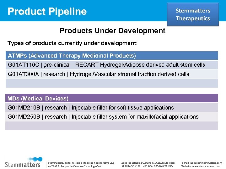 Product Pipeline Products Under Development Types of products currently under development: ATMPs (Advanced Therapy