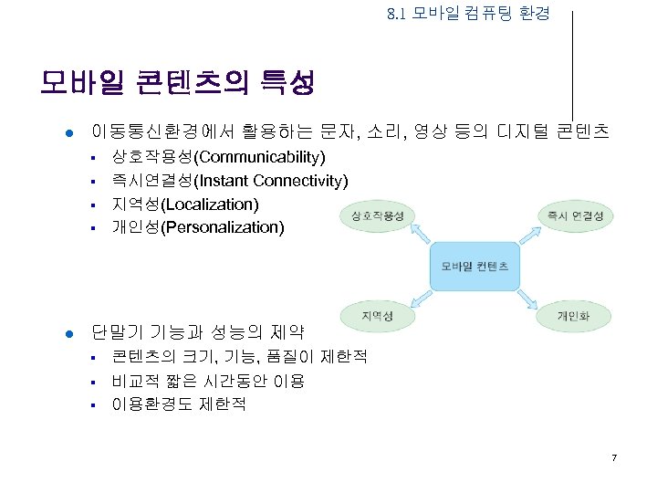 8. 1 모바일 컴퓨팅 환경 모바일 콘텐츠의 특성 l 이동통신환경에서 활용하는 문자, 소리, 영상