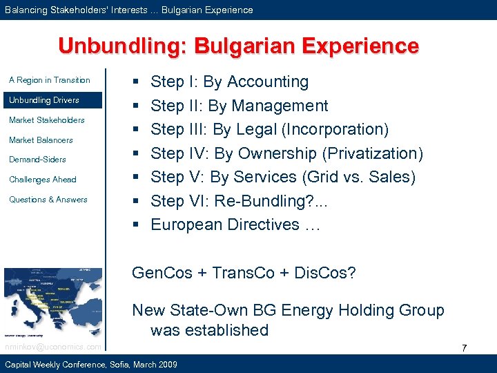 Balancing Stakeholders' Interests. . . Bulgarian Experience Unbundling: Bulgarian Experience A Region in Transition