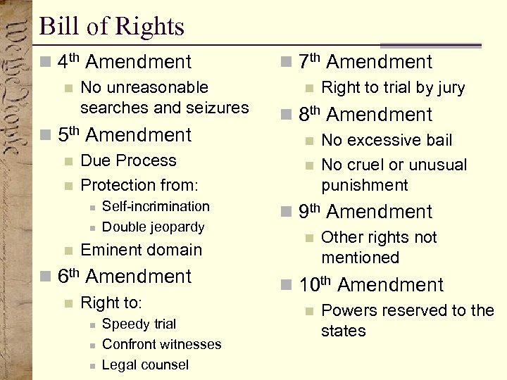 Bill of Rights n 4 th Amendment n No unreasonable searches and seizures n
