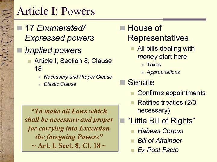 Article I: Powers n 17 Enumerated/ Expressed powers n Implied powers n n House