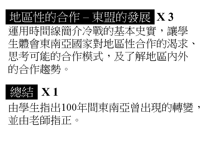 地區性的合作 – 東盟的發展 X 3 運用時間線簡介冷戰的基本史實，讓學 生體會東南亞國家對地區性合作的渴求、 思考可能的合作模式，及了解地區內外 的合作趨勢。 總結 X 1 由學生指出 100年間東南亞曾出現的轉變，