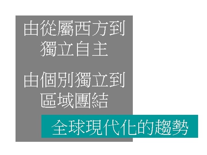 由從屬西方到 獨立自主 由個別獨立到 區域團結 全球現代化的趨勢 