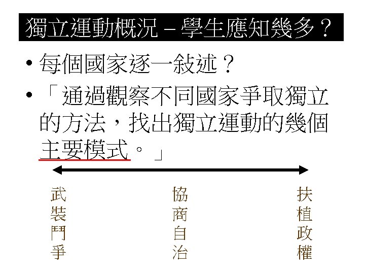 獨立運動概況 – 學生應知幾多？ • 每個國家逐一敍述？ • 「通過觀察不同國家爭取獨立 的方法，找出獨立運動的幾個 主要模式。」 武 裝 鬥 爭 協