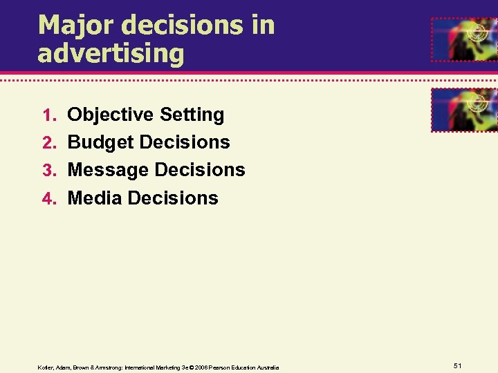 Major decisions in advertising 1. Objective Setting 2. Budget Decisions 3. Message Decisions 4.