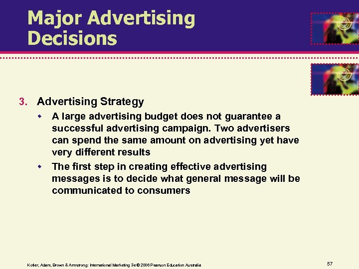 Major Advertising Decisions 3. Advertising Strategy A large advertising budget does not guarantee a