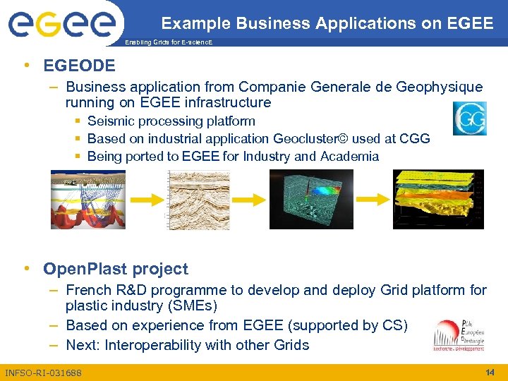 Example Business Applications on EGEE Enabling Grids for E-scienc. E • EGEODE – Business