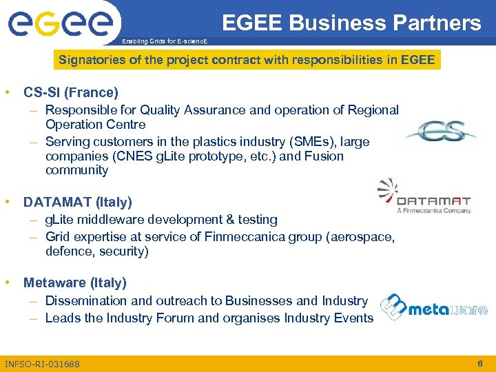 EGEE Business Partners Enabling Grids for E-scienc. E Signatories of the project contract with