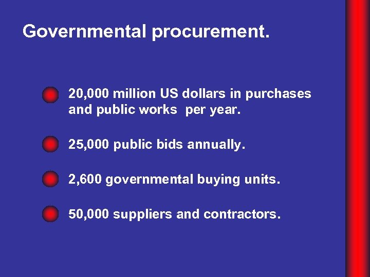 Governmental procurement. 20, 000 million US dollars in purchases and public works per year.
