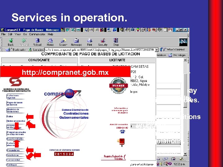 Services in operation. Announcements for public bids. http: //compranet. gob. mx Bidding documents. Vouchers