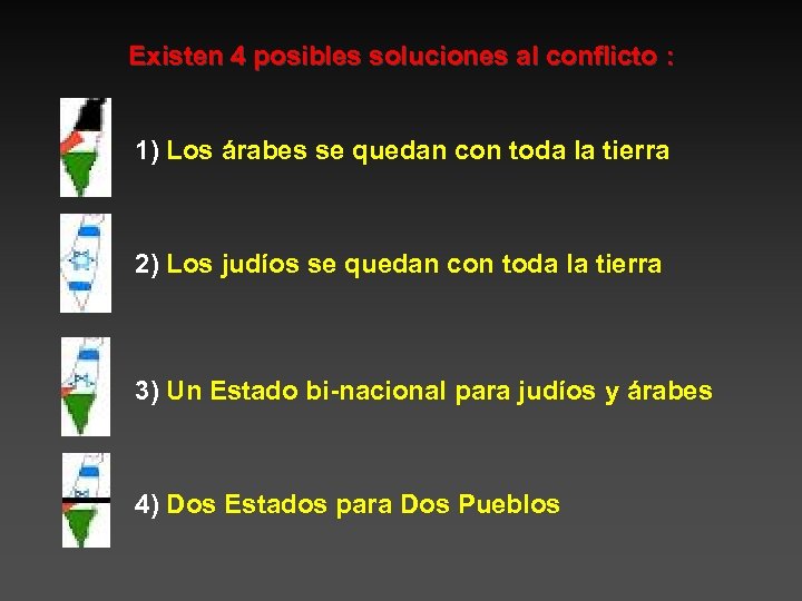 Existen 4 posibles soluciones al conflicto : 1) Los árabes se quedan con toda
