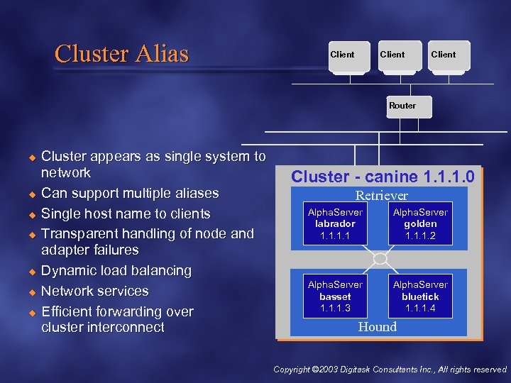 Cluster Alias Client Router u u u u Cluster appears as single system to