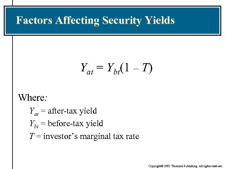Factors Affecting Security Yields Yat = Ybt(1 – T) Where: Yat = after-tax yield