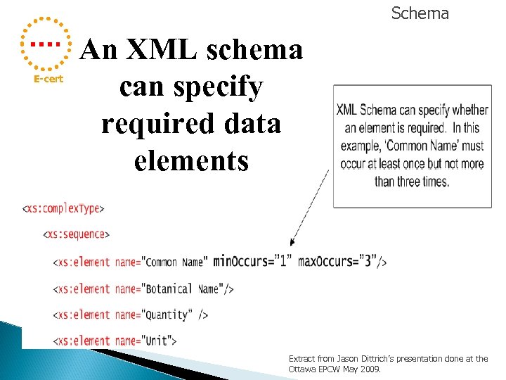 Schema E-cert An XML schema can specify required data elements Extract from Jason Dittrich’s