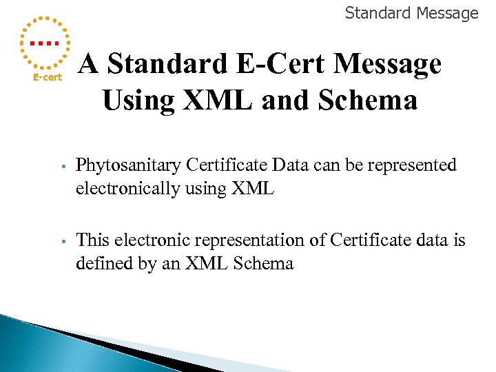 Standard Message E-cert A Standard E-Cert Message Using XML and Schema • Phytosanitary Certificate