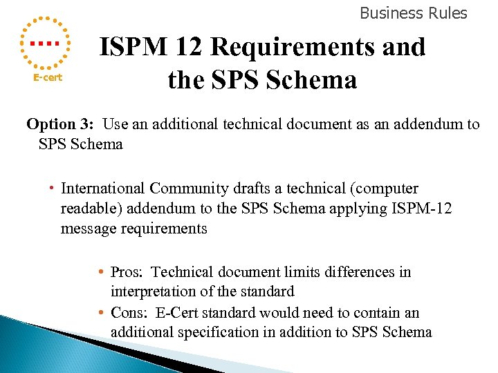 Business Rules E-cert ISPM 12 Requirements and the SPS Schema Option 3: Use an