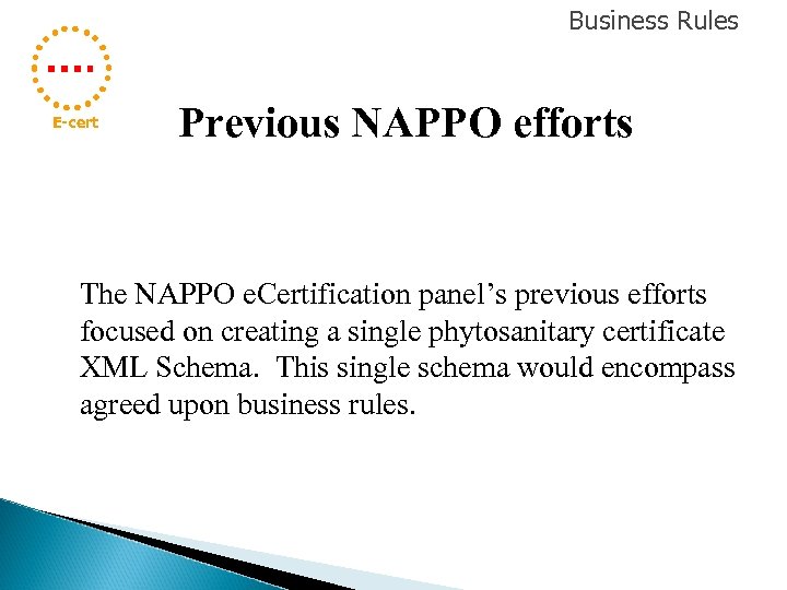 Business Rules E-cert Previous NAPPO efforts The NAPPO e. Certification panel’s previous efforts focused