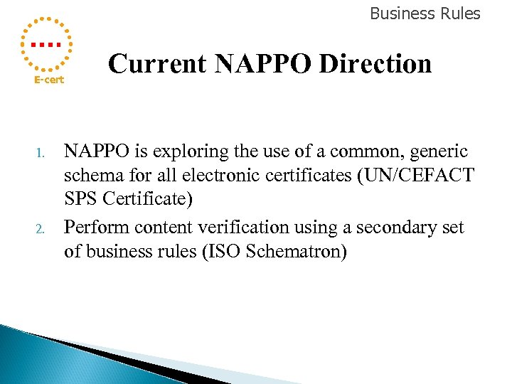 Business Rules E-cert 1. 2. Current NAPPO Direction NAPPO is exploring the use of