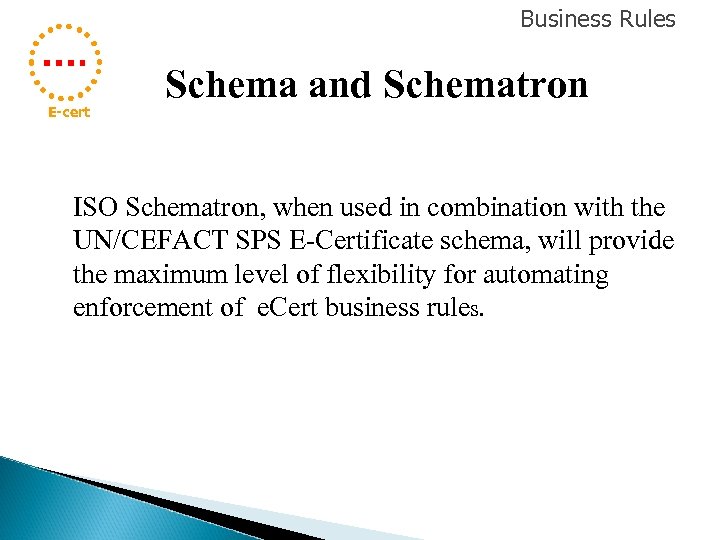 Business Rules E-cert Schema and Schematron ISO Schematron, when used in combination with the