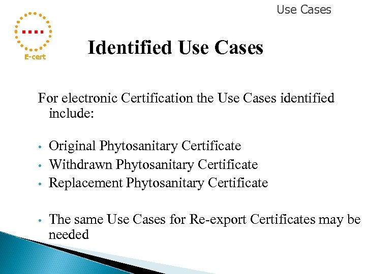 Use Cases E-cert Identified Use Cases For electronic Certification the Use Cases identified include: