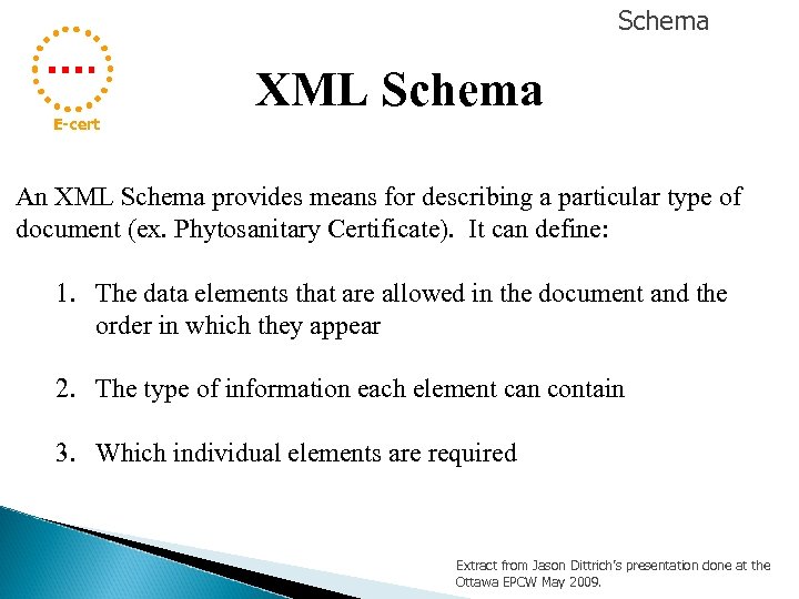 Schema E-cert XML Schema An XML Schema provides means for describing a particular type