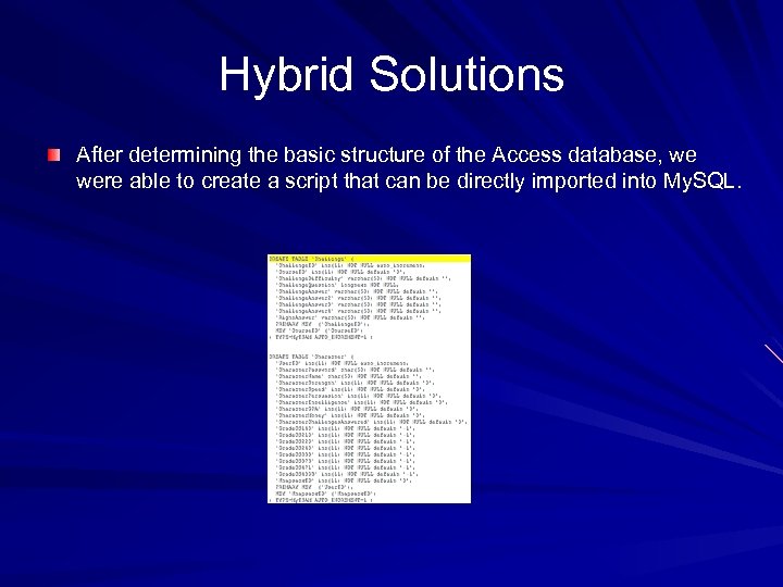 Hybrid Solutions After determining the basic structure of the Access database, we were able
