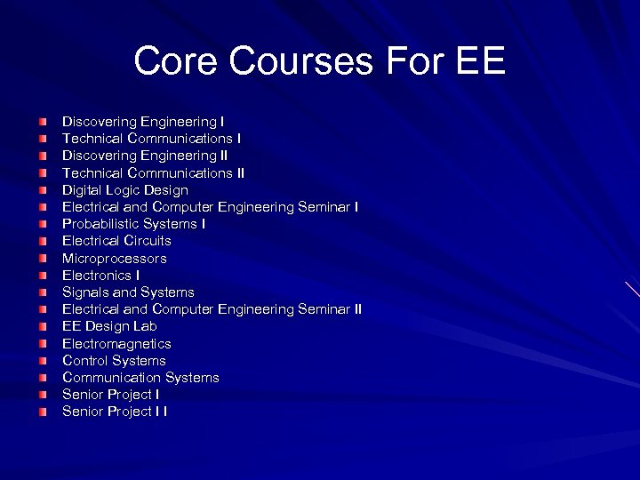 Core Courses For EE Discovering Engineering I Technical Communications I Discovering Engineering II Technical