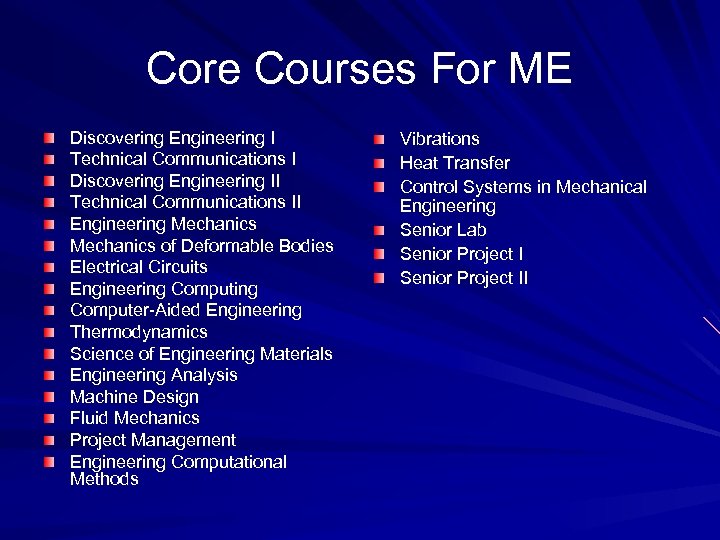 Core Courses For ME Discovering Engineering I Technical Communications I Discovering Engineering II Technical
