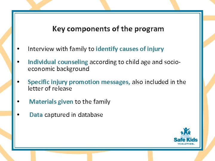 Key components of the program • Interview with family to identify causes of injury