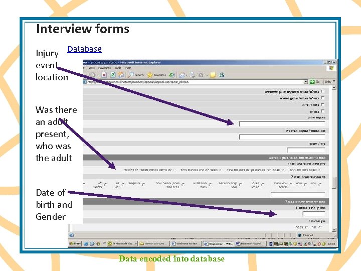 Interview forms Injury Database event location Was there an adult present, who was the